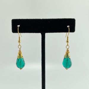 Green Czech Crystal Earrings with Gold Filigree, Edwardian
